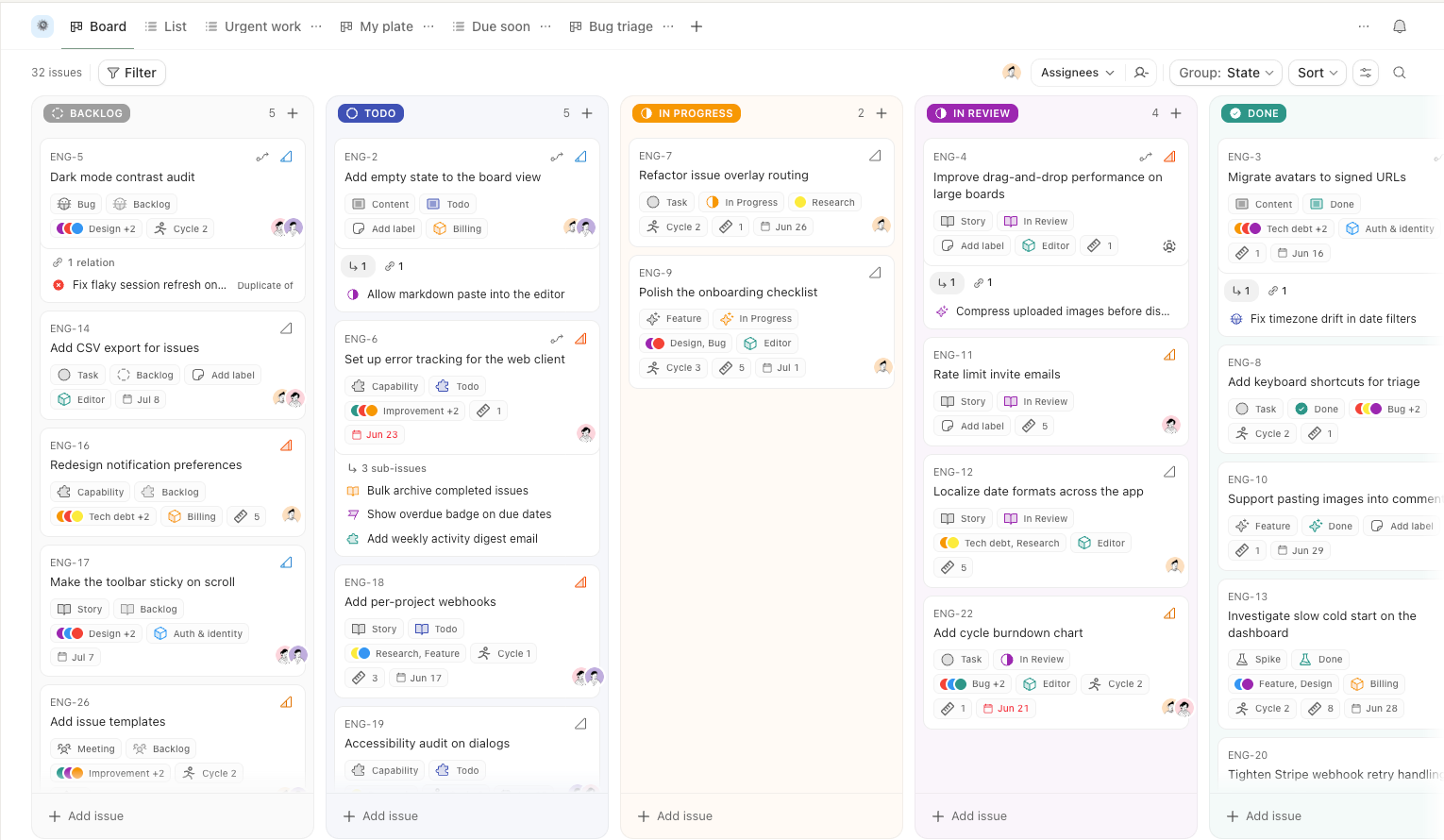 dotby kanban board with Backlog, Todo, In Progress, In Review and Done lanes