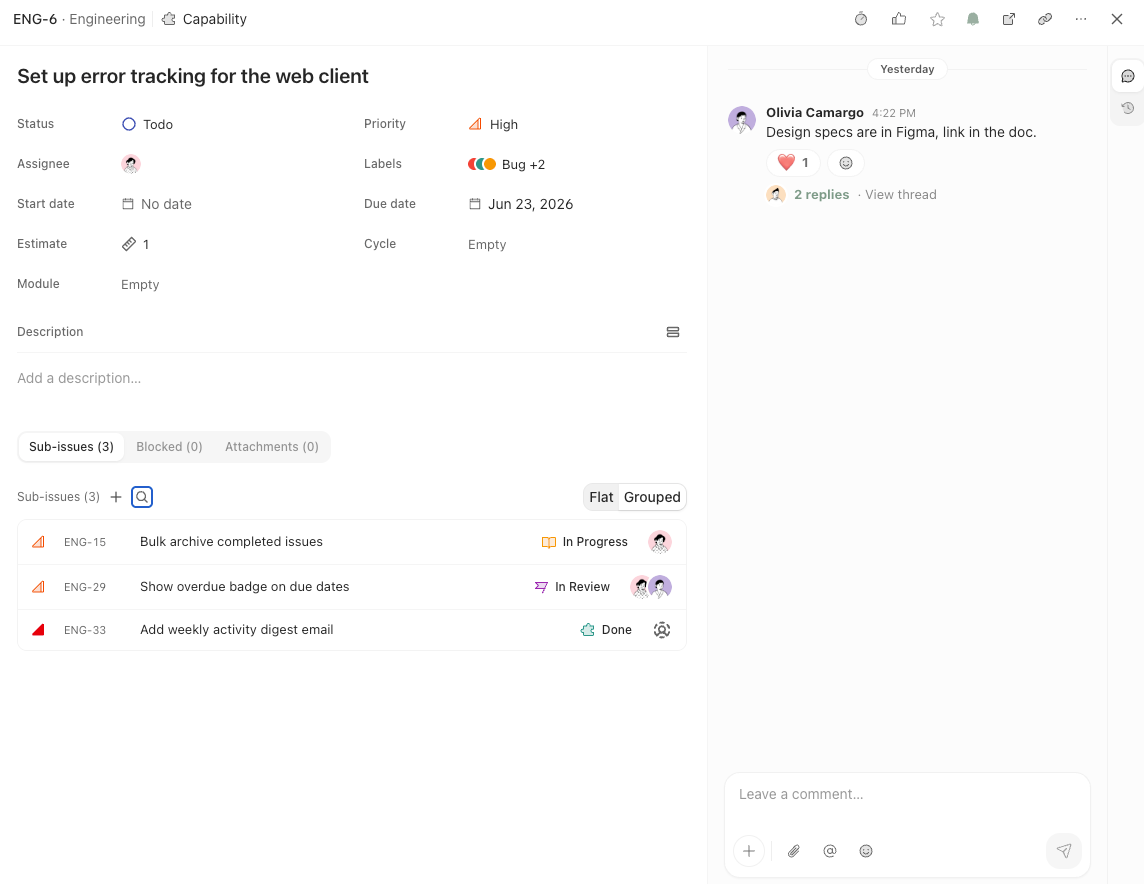 dotby task card with properties, sub-tasks and comments