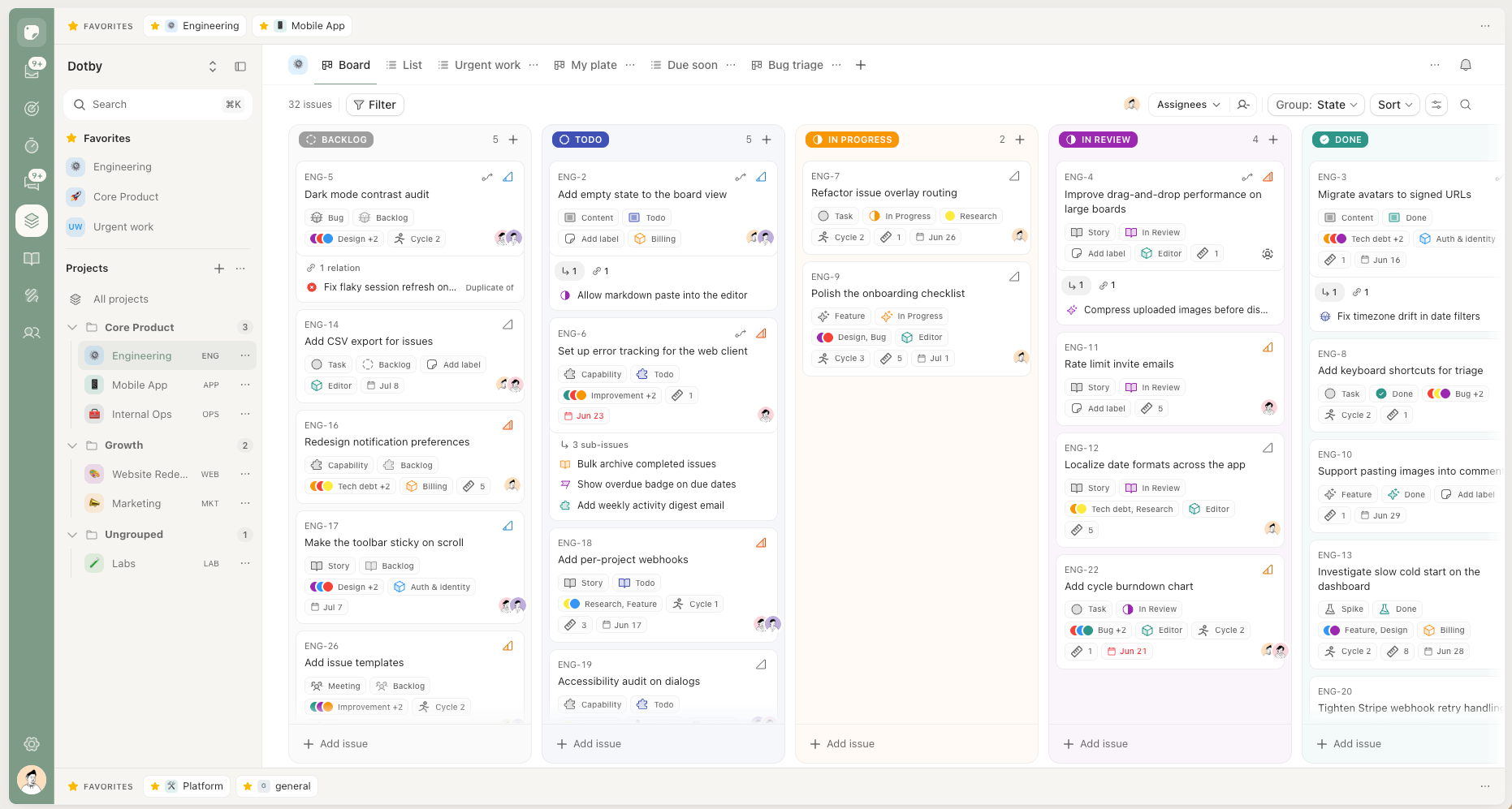 dotby kanban board with Backlog, Todo, In Progress, In Review and Done lanes