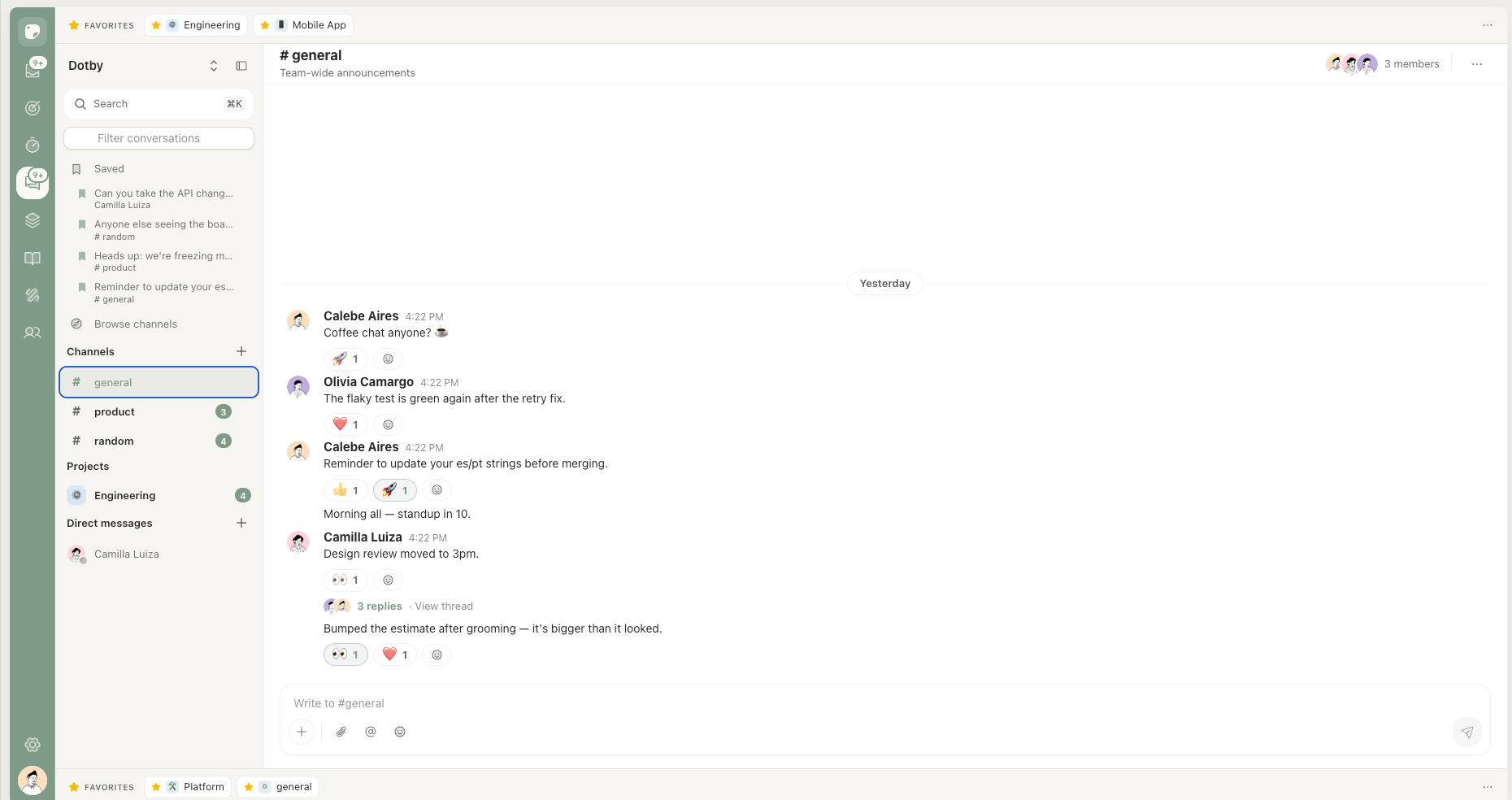 dotby team chat with channels, threads and reactions